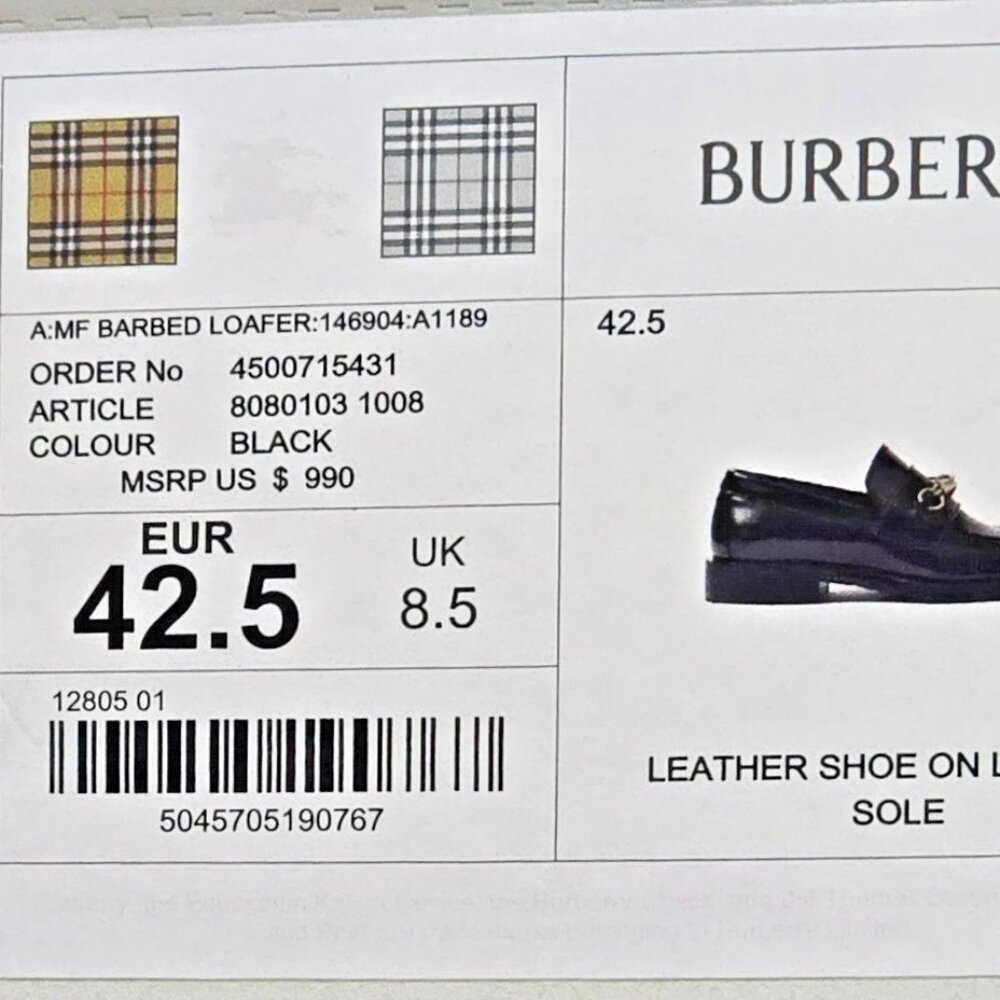 $990- Burberry 8080103 Men's Black Barbed Leather Casual Loafer Shoes - US 9.5 - Picture 7 of 7